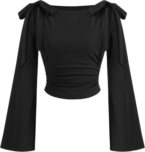 CIDER Crop Tops for Women Boat Neck Bowknot Long Sleeve Ruched Top Sweetheart Neck Blouse Fitted Shirt in Saudi Arabia