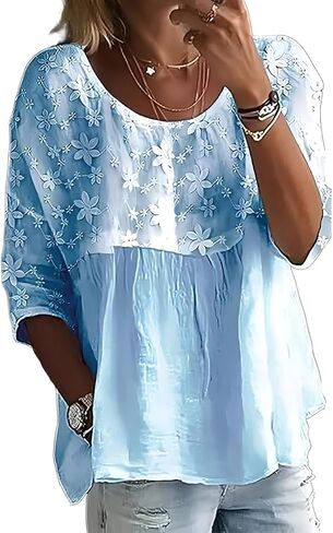 Embroidered Tops for Women Crewneck Gauze Shirts 3/4 Sleeve Peasant Blouse Loose Fit Floral Patchwork Babydoll Tops in Saudi Arabia