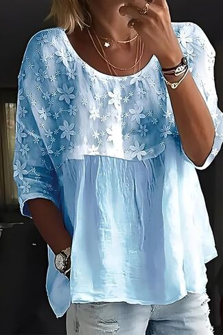 Embroidered Tops for Women Crewneck Gauze Shirts 3/4 Sleeve Peasant Blouse Loose Fit Floral Patchwork Babydoll Tops in Saudi Arabia