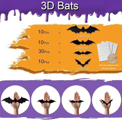 زينة الهالوين ثلاثية الأبعاد، 60 قطعة 4 أحجام واقعية من مادة PVC المخيفة لنافذة ملصقات الحائط لتزيين المنزل بنفسك ومستلزمات حفلات الهالوين in Kuwait