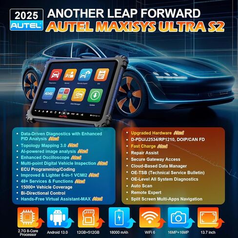 Autel Ultra S2، الماسح الضوئي Dianostic المزود بالذكاء الاصطناعي، 2025 الجديد 6 في 1 VCMI2، ترقية MaxiSYS Ultra، Topology 3.0، اختبارات EV، WiFi 6، 48+ خدمات، إصلاح Motor Truspeed، Multi-Point DVI، برمجة ECU in Saudi Arabia