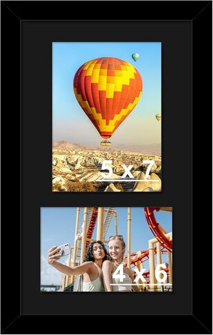 Wood 8x14 Collage Picture frames, Display 4x6 and 5x7 with Mat or 8x14 Without Mat, Wall Hanging 2 Opening Photo Frame with Shatter Resistant Plexiglass, White Mat, Black in Saudi Arabia