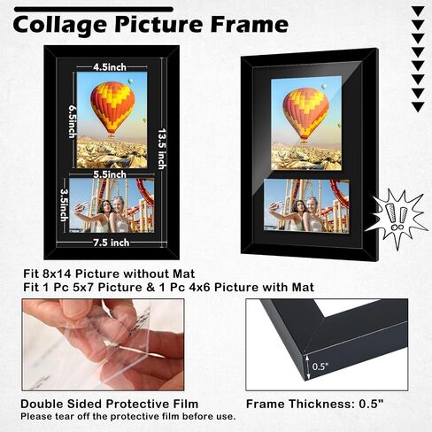 Wood 8x14 Collage Picture frames, Display 4x6 and 5x7 with Mat or 8x14 Without Mat, Wall Hanging 2 Opening Photo Frame with Shatter Resistant Plexiglass, White Mat, Black in Saudi Arabia