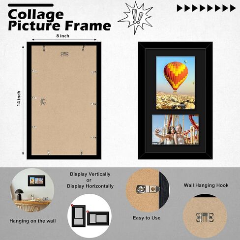 Wood 8x14 Collage Picture frames, Display 4x6 and 5x7 with Mat or 8x14 Without Mat, Wall Hanging 2 Opening Photo Frame with Shatter Resistant Plexiglass, White Mat, Black in Saudi Arabia