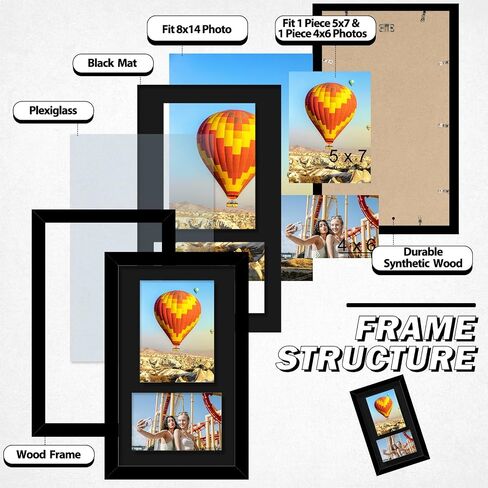 Wood 8x14 Collage Picture frames, Display 4x6 and 5x7 with Mat or 8x14 Without Mat, Wall Hanging 2 Opening Photo Frame with Shatter Resistant Plexiglass, White Mat, Black in Saudi Arabia