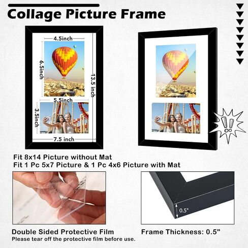 Wood 8x14 Collage Picture frames, Display 4x6 and 5x7 with Mat or 8x14 Without Mat, Wall Hanging 2 Opening Photo Frame with Shatter Resistant Plexiglass, White Mat, Black in Saudi Arabia