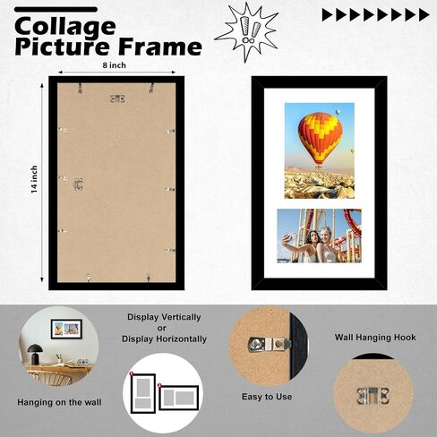 Wood 8x14 Collage Picture frames, Display 4x6 and 5x7 with Mat or 8x14 Without Mat, Wall Hanging 2 Opening Photo Frame with Shatter Resistant Plexiglass, White Mat, Black in Saudi Arabia