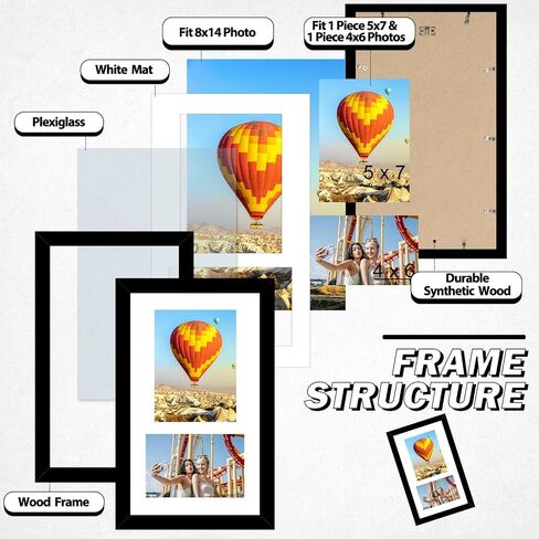 Wood 8x14 Collage Picture frames, Display 4x6 and 5x7 with Mat or 8x14 Without Mat, Wall Hanging 2 Opening Photo Frame with Shatter Resistant Plexiglass, White Mat, Black in Saudi Arabia