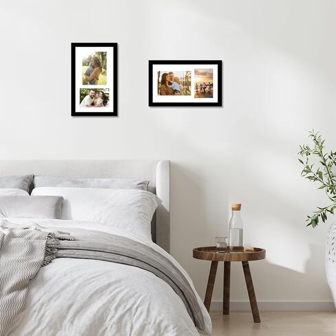 Wood 8x14 Collage Picture frames, Display 4x6 and 5x7 with Mat or 8x14 Without Mat, Wall Hanging 2 Opening Photo Frame with Shatter Resistant Plexiglass, White Mat, Black in Saudi Arabia