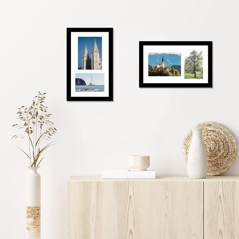 Wood 8x14 Collage Picture frames, Display 4x6 and 5x7 with Mat or 8x14 Without Mat, Wall Hanging 2 Opening Photo Frame with Shatter Resistant Plexiglass, White Mat, Black in Saudi Arabia