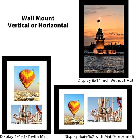 Wood 8x14 Collage Picture frames, Display 4x6 and 5x7 with Mat or 8x14 Without Mat, Wall Hanging 2 Opening Photo Frame with Shatter Resistant Plexiglass, White Mat, Black in Saudi Arabia