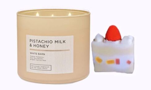 Pistachio Milk & Honey - White Barn-Bath/Body Work- 3-Wick Scented Candle 14.5 OZ Burns 25-45 Hours and Strawberry Cake soap (Label Artwork Varies) in Saudi Arabia