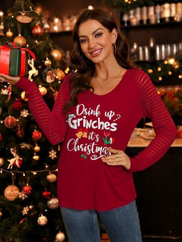 Women's Ugly Christmas Sweater Raglan Printed Shirt V Neck Striped Mesh Long Sleeve Top S-XXL in Saudi Arabia