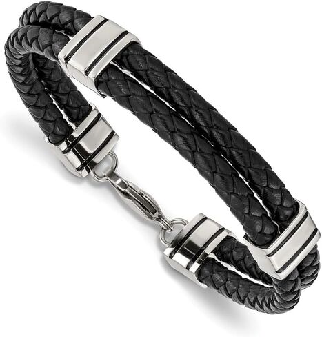 Stainless Steel Polished 2 Strand Black Braided Leather Bracelet for Men 9"", White, AFJ-QG-SRB869-9-PK in Saudi Arabia