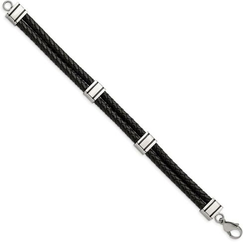 Stainless Steel Polished 2 Strand Black Braided Leather Bracelet for Men 9"", White, AFJ-QG-SRB869-9-PK in Saudi Arabia