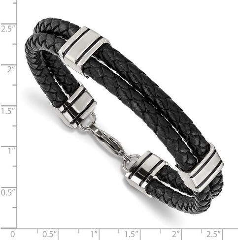 Stainless Steel Polished 2 Strand Black Braided Leather Bracelet for Men 9"", White, AFJ-QG-SRB869-9-PK in Saudi Arabia