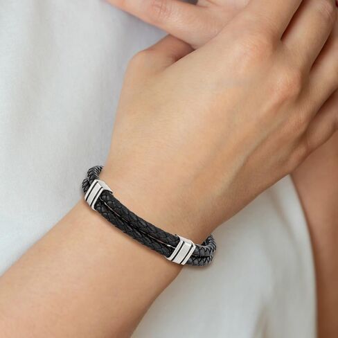 Stainless Steel Polished 2 Strand Black Braided Leather Bracelet for Men 9"", White, AFJ-QG-SRB869-9-PK in Saudi Arabia