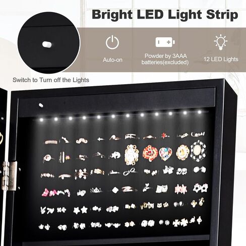 خزانة مجوهرات Giantex 12 LED مع مرآة كاملة الطول بدون إطار، خزانة مجوهرات واقفة مع 16 حامل أحمر شفاه، سعة تخزين كبيرة، 3 زوايا قابلة للتعديل (أسود) in Saudi Arabia
