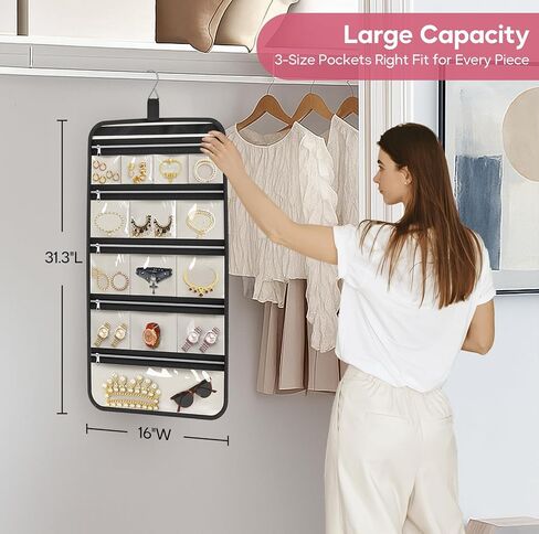 MISSLO Large Hanging Jewelry Organizer Travel Foldable Jewelry Roll Storage Case with 14 Cotton Zippered Pockets for Closet, Traveling, Suitcase in Saudi Arabia