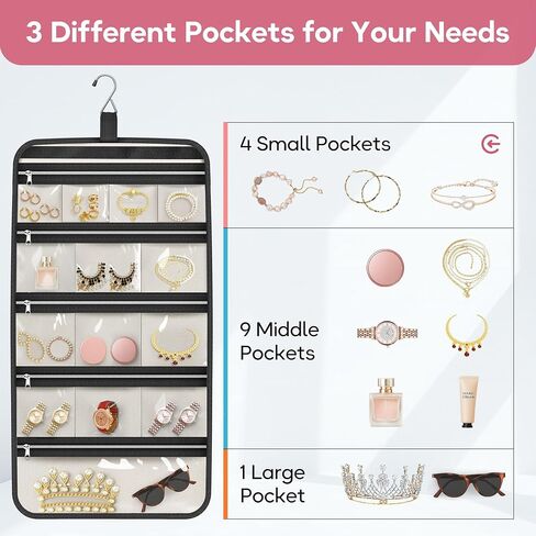 MISSLO Large Hanging Jewelry Organizer Travel Foldable Jewelry Roll Storage Case with 14 Cotton Zippered Pockets for Closet, Traveling, Suitcase in Saudi Arabia