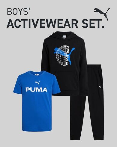 طقم الركض للأولاد من بوما - بلوفر بغطاء للرأس من الصوف الناعم مكون من 3 قطع، تي شيرت بأكمام قصيرة وبنطال الركض للأولاد (4-16) in Kuwait