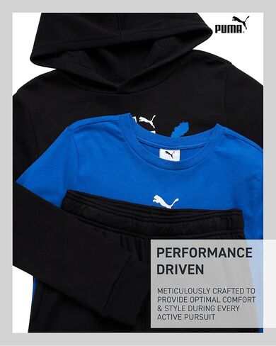 طقم الركض للأولاد من بوما - بلوفر بغطاء للرأس من الصوف الناعم مكون من 3 قطع، تي شيرت بأكمام قصيرة وبنطال الركض للأولاد (4-16) in Kuwait