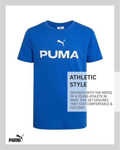 طقم الركض للأولاد من بوما - بلوفر بغطاء للرأس من الصوف الناعم مكون من 3 قطع، تي شيرت بأكمام قصيرة وبنطال الركض للأولاد (4-16) in Kuwait