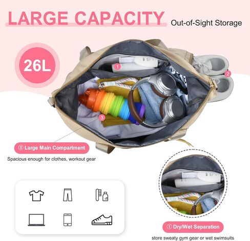 Travel Duffel Bag 26L, Carry On Weekender Overnight Bag with Shoe Compartment & Wet Pocket, Lightweight Gym Sports Bag for Women Men, Airplane Friendly Personal Item Bag - Black in Kuwait