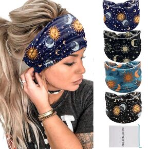 Women Headbands Stars Moon Wide Knotted Headband Non Slip Wraps Elastic Yoga Turban Fashion Hair Bands Soft Hair Wrap Hair Accessories for Girls Pack of 4 (Star Moon) in Kuwait