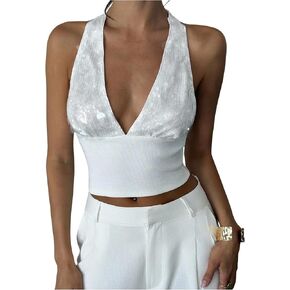 SweatyRocks Women's Sequin V Neck Halter Crop Tops Sexy Glitter Low Cut Going Out Top in Saudi Arabia