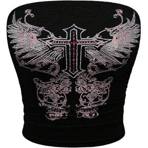 WDIRARA Women's Gothic Graphic Rhinestone Tube Top Strapless Grunge Punk Bandeau Crop Tops in Saudi Arabia