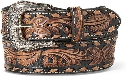 حزام جلدي بنمط الأزهار مصنوع يدويًا للرجال من ARIAT مع إبزيم فضي عتيق in Saudi Arabia