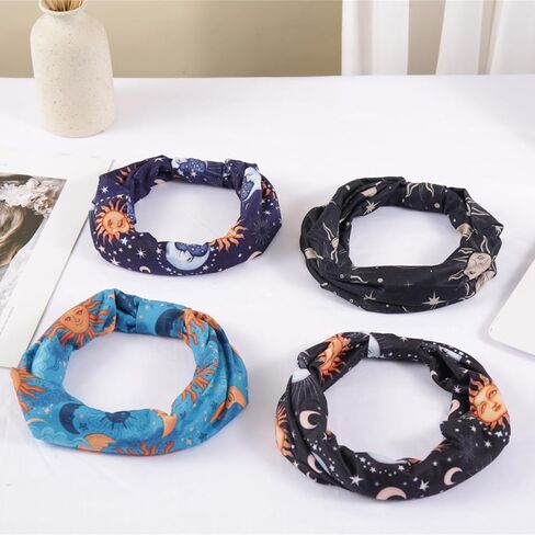 عصابات رأس نسائية على شكل نجوم القمر عصابة رأس واسعة معقودة غير قابلة للانزلاق، عمامة يوجا مرنة، أربطة شعر ناعمة، إكسسوارات شعر للفتيات، عبوة من 4 قطع (نجمة القمر) in Kuwait