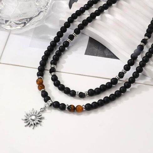 Mens necklace Natural Healing Black Obsidian Tigers Eye Beaded Sun Necklace Anniversary Birthday Gifts for Men Boyfriend in Saudi Arabia