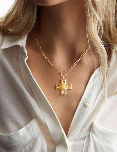 Chunky Gold Cross Necklace Jewelry for Women, Statement Hammered Cross Pendant Gold Plated Stainless Steel Non Tarnish Paperclip Necklaces for Women Trendy in Saudi Arabia