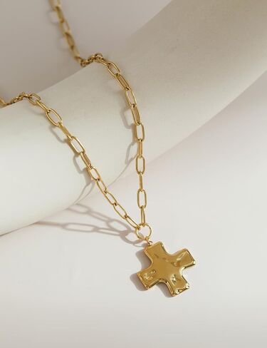 Chunky Gold Cross Necklace Jewelry for Women, Statement Hammered Cross Pendant Gold Plated Stainless Steel Non Tarnish Paperclip Necklaces for Women Trendy in Saudi Arabia