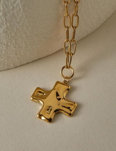 Chunky Gold Cross Necklace Jewelry for Women, Statement Hammered Cross Pendant Gold Plated Stainless Steel Non Tarnish Paperclip Necklaces for Women Trendy in Saudi Arabia