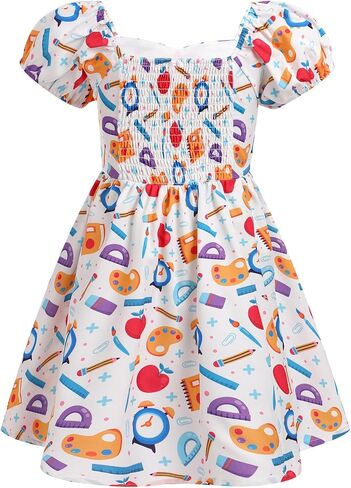 IMEKIS Toddler Kids Girls Back to School Dress Smocked Dress Pencil Print Kindergarten First Day of School Outfit 3-8T in Saudi Arabia