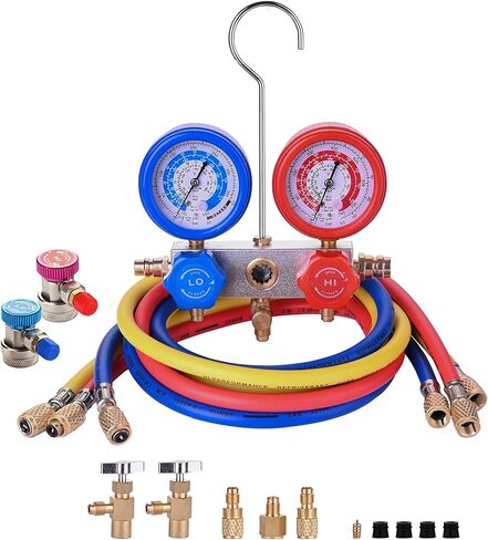 BACOENG HVAC Gauges with Hoses Set for R134A R410A R404A and R22, AC Gauges with Anti-Shock Pressure Gauge Works on Car Freon Charging and Air Conditioning, with Couplers & Adapter, Black Case in Kuwait