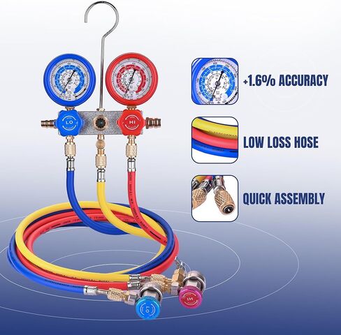 BACOENG HVAC Gauges with Hoses Set for R134A R410A R404A and R22, AC Gauges with Anti-Shock Pressure Gauge Works on Car Freon Charging and Air Conditioning, with Couplers & Adapter, Black Case in Kuwait