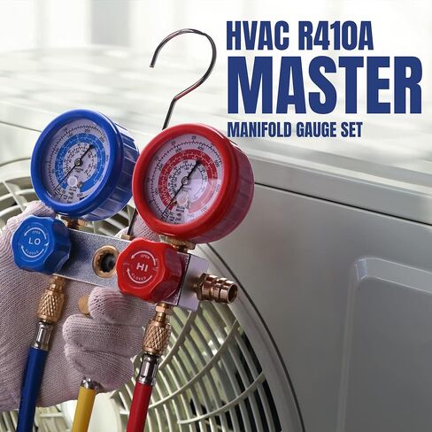 BACOENG HVAC Gauges with Hoses Set for R134A R410A R404A and R22, AC Gauges with Anti-Shock Pressure Gauge Works on Car Freon Charging and Air Conditioning, with Couplers & Adapter, Black Case in Kuwait