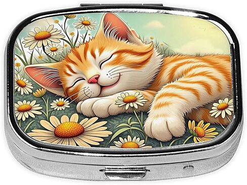 ABLESKY Pill Box, 2 Compartment Pill Organizer Case for Pocket or Purse, Small Portable Metal Travel Medicine Box with Mirror, Daily Vitamins Fish Oil Container-Cute Daisy Cat in Saudi Arabia