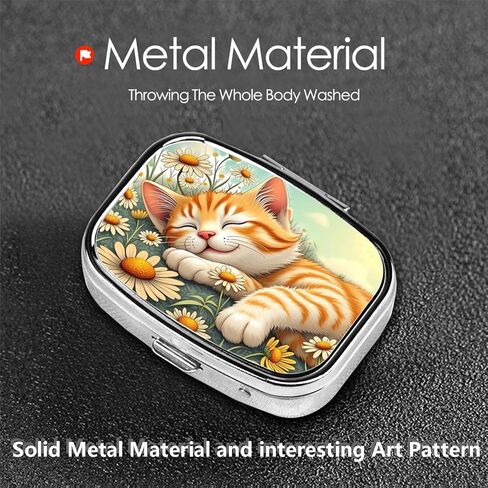 ABLESKY Pill Box, 2 Compartment Pill Organizer Case for Pocket or Purse, Small Portable Metal Travel Medicine Box with Mirror, Daily Vitamins Fish Oil Container-Cute Daisy Cat in Saudi Arabia