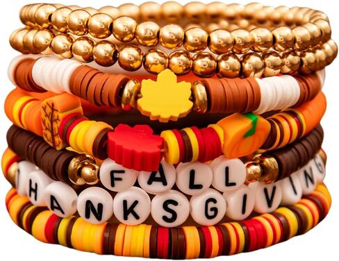 Thanksgiving Fall Bracelets for Women Turkey Pumpkin Maple Leaf Charms Stackable Bracelet Set Thanksgiving Beaded Stretch Bracelets Autumn Party Bracelets Holiday Decorations in Saudi Arabia