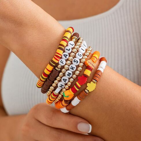 Thanksgiving Fall Bracelets for Women Turkey Pumpkin Maple Leaf Charms Stackable Bracelet Set Thanksgiving Beaded Stretch Bracelets Autumn Party Bracelets Holiday Decorations in Saudi Arabia