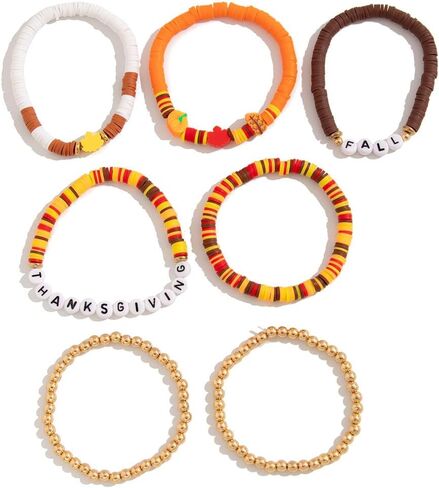 Thanksgiving Fall Bracelets for Women Turkey Pumpkin Maple Leaf Charms Stackable Bracelet Set Thanksgiving Beaded Stretch Bracelets Autumn Party Bracelets Holiday Decorations in Saudi Arabia