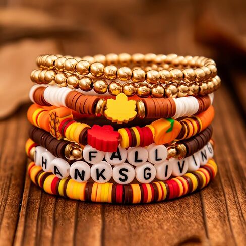 Thanksgiving Fall Bracelets for Women Turkey Pumpkin Maple Leaf Charms Stackable Bracelet Set Thanksgiving Beaded Stretch Bracelets Autumn Party Bracelets Holiday Decorations in Saudi Arabia