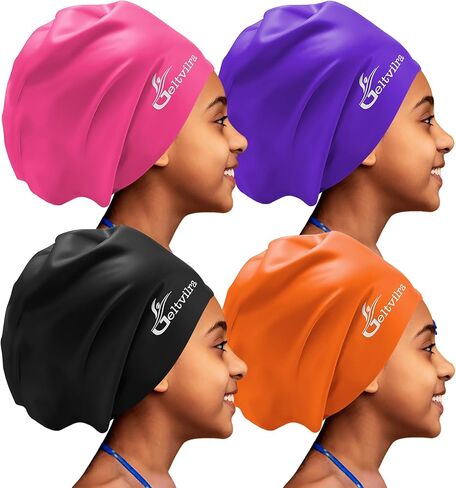 4 Pack Kids Extra Large Swim Cap for Long Thick Curly Hair, Waterproof Silicone Swimming Hat Hair Turban Protection Cover for Girls Aged 4 to 16 Boys Braids Dreadlocks Weaves Extensions Afros in Saudi Arabia