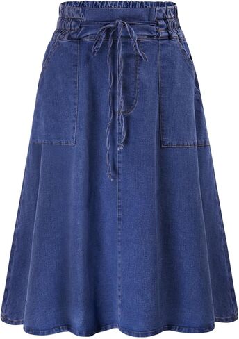 KANCY KOLE Women Casual Denim Skirts Frill Tie Waist A-Line Midi Jean Skirt with Pockets S-XXL in Kuwait