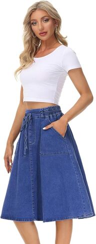 KANCY KOLE Women Casual Denim Skirts Frill Tie Waist A-Line Midi Jean Skirt with Pockets S-XXL in Kuwait